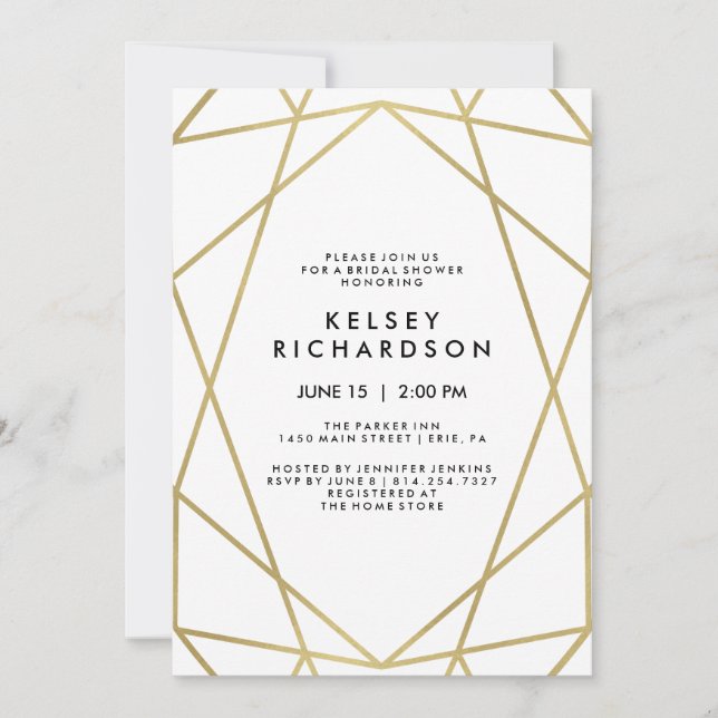 Geometric Faux Gold Look on White Bridal Shower Invitation (Front)