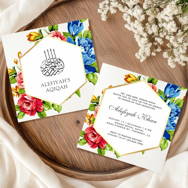 Geometric Faux Gold Vibrant Floral Islamic Aqiqah Invitation (Creator Uploaded)