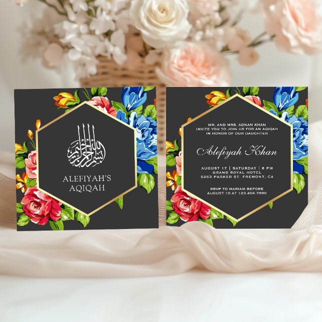 Geometric Faux Gold Vibrant Floral Islamic Aqiqah Invitation (Creator Uploaded)