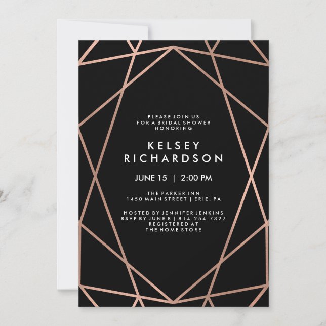 Geometric Faux Rose Gold on Black Bridal Shower Invitation (Front)