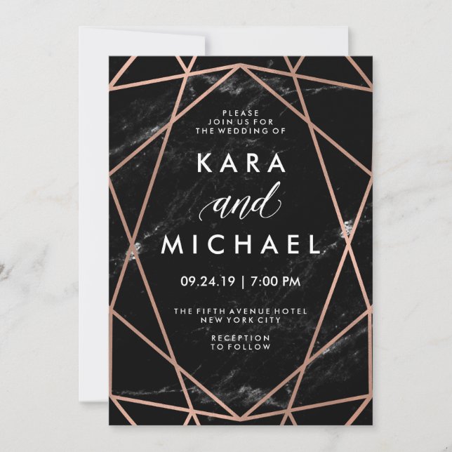 Geometric Faux Rose Gold on Black Marble Wedding Invitation (Front)