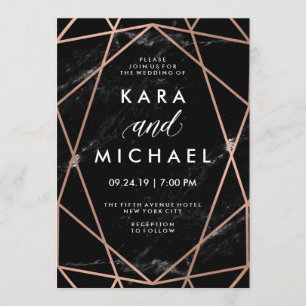 Geometric Faux Rose Gold on Black Marble Wedding Invitation