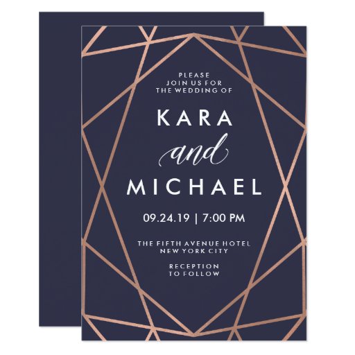 Image of Geometric Faux Rose Gold on Midnight Blue Wedding Invitation
