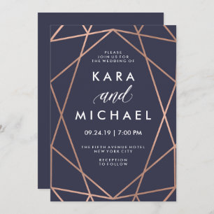 Geometric Faux Rose Gold on Midnight Blue Wedding Invitation