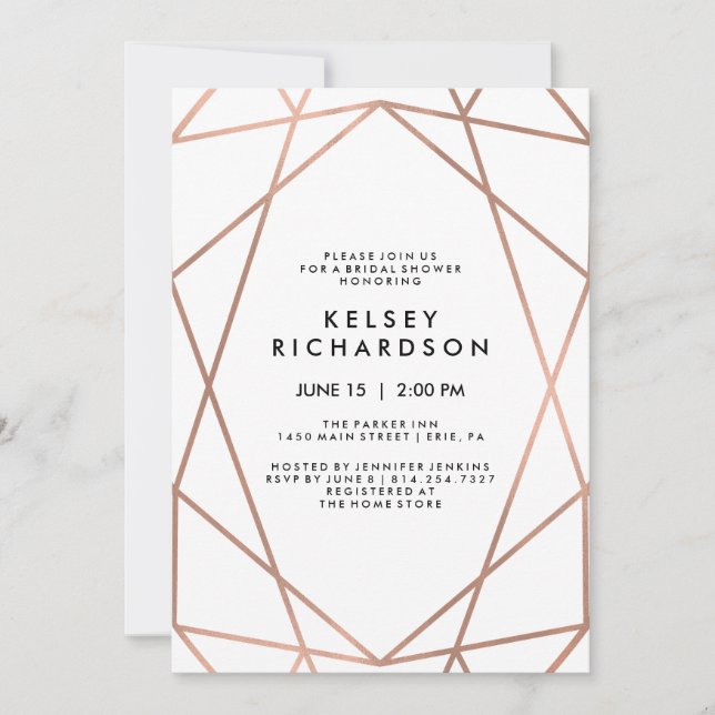 Geometric Faux Rose Gold on White Bridal Shower Invitation (Front)