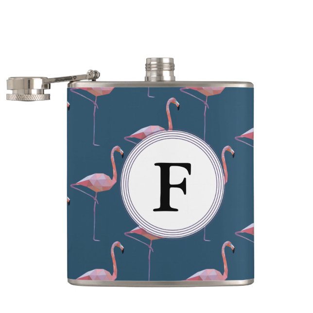 Geometric Flamingo Print Customisable Initial Hip Flask (Opened)