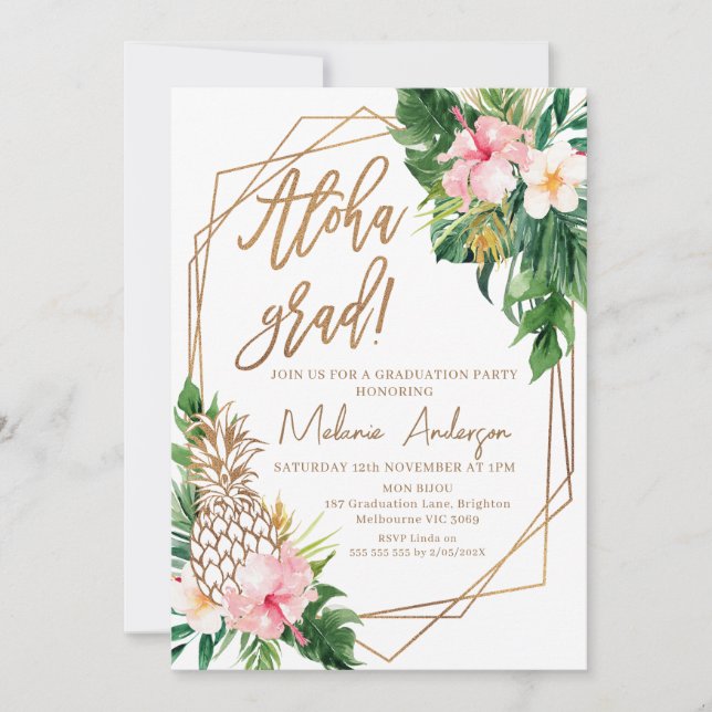 Geometric Floral Aloha Grad Graduation Invitation (Front)
