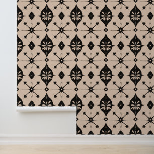 Geometric Floral Black and Beige Pattern Wallpaper