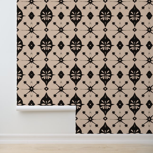 Geometric Floral Black and Beige Pattern Wallpaper (Application)