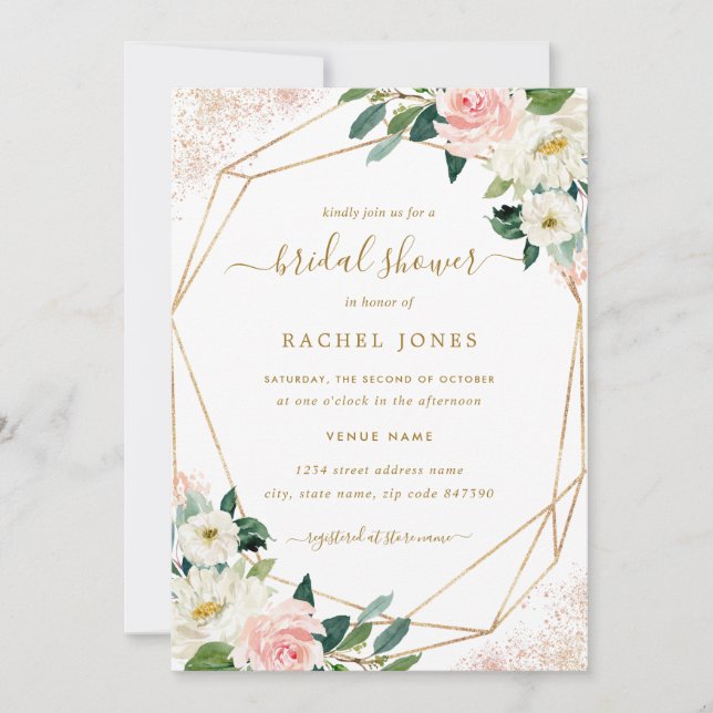 Geometric Floral Blush Gold Bridal Shower Invitation (Front)