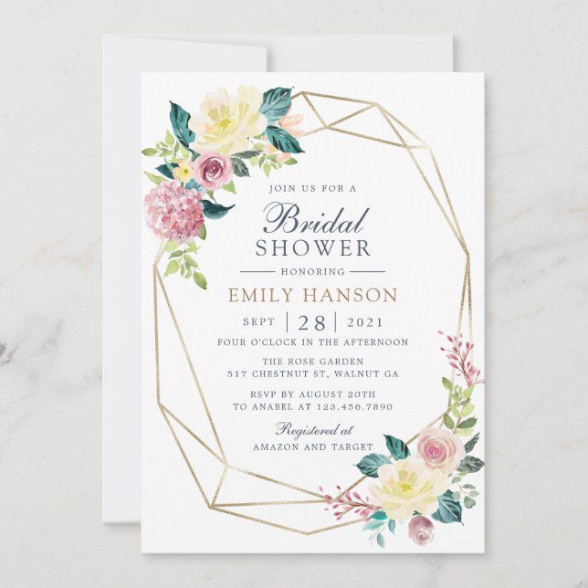 Geometric Floral Blush Greenery Gold Bridal Shower Invitation (Front)