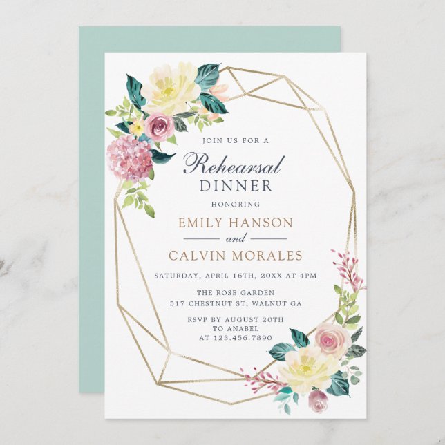 Geometric Floral Blush Greenery Gold Rehearsal Invitation (Front/Back)