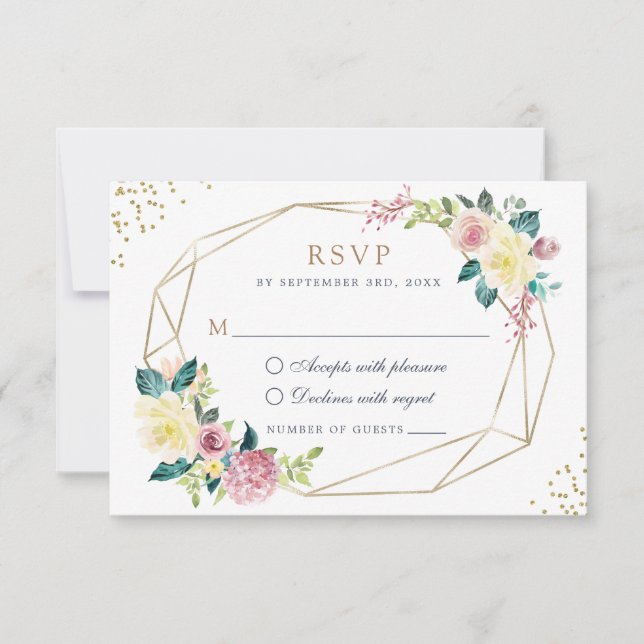 Geometric Floral Blush Yellow Greenery Gold RSVP Invitation (Front)