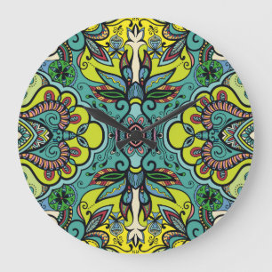 Geometric floral, colourful abstract seamless text large clock