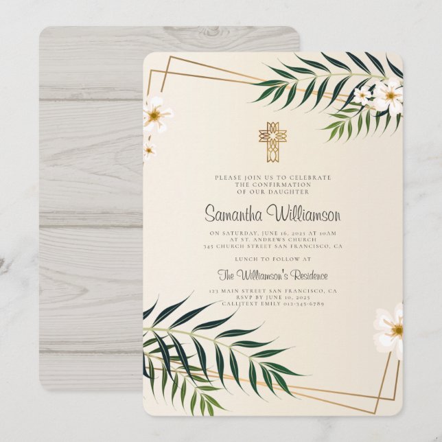 Geometric Floral Cross Confirmation Invitation (Front/Back)