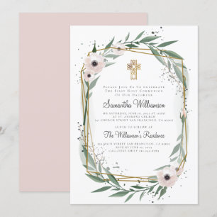 Geometric Floral Cross First Communion Invitation