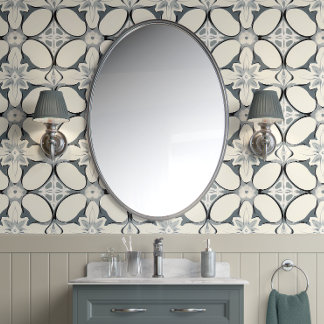Geometric Floral Elegance - Grey, Cream - Modern Wallpaper