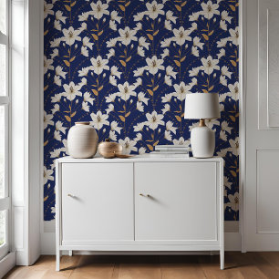 Geometric Floral Flower Blue Beige Lily Pattern Wallpaper