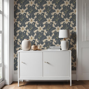 Geometric Floral Flower Blue Grey Lily Pattern Wallpaper