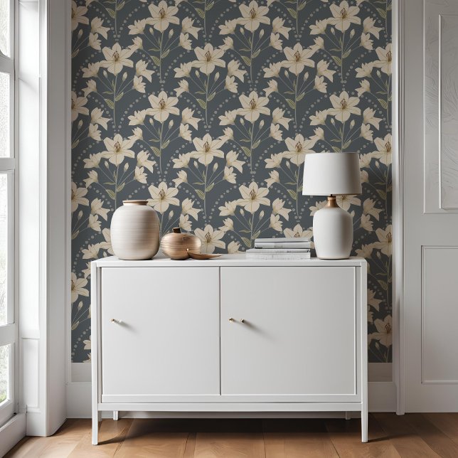 Geometric Floral Flower Blue Grey Lily Pattern   Wallpaper (Creator Uploaded)