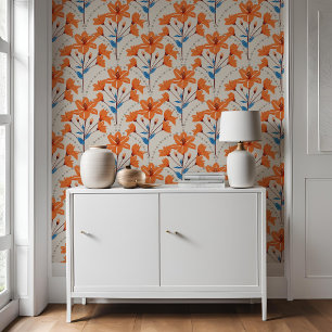 Geometric Floral Flower Orange Blue Lily Pattern Wallpaper