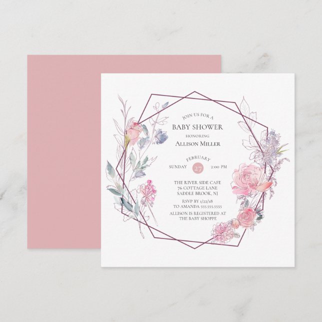 Geometric Floral frame Baby Shower Invitation (Front/Back)