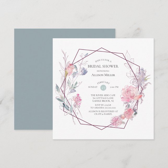 Geometric Floral frame Bridal Shower Invitation (Front/Back)