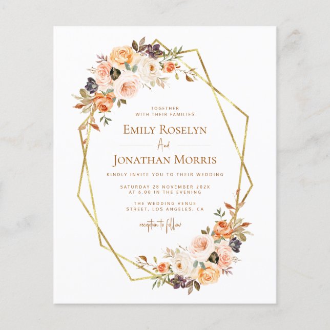 geometric floral gold blush wedding invitation (Front)