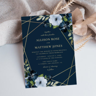 geometric floral gold & navy blue wedding invitation
