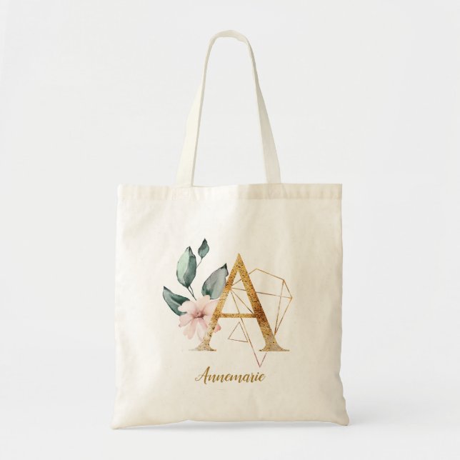 Geometric Floral Gold Stylised Letter A Tote Bag (Front)