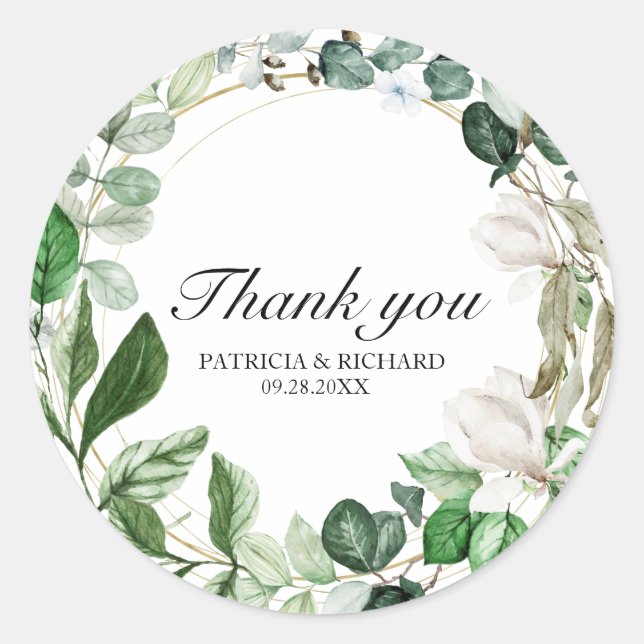 Geometric Floral Greenery Wedding Thank You Classic Round Sticker (Front)