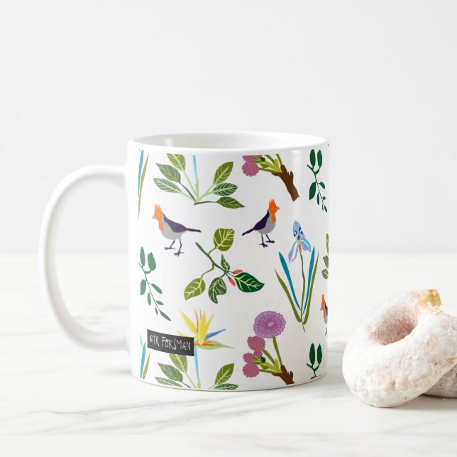Geometric floral Hawaiian flowers/birds Coffee Mug (With Donut)