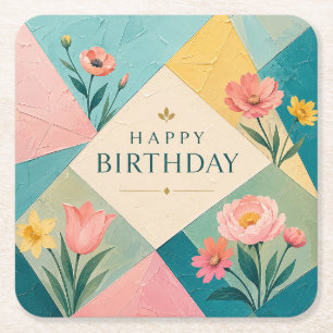 Geometric Floral Mosaic Birthday Square Paper Coaster