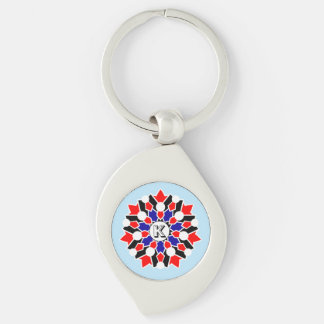 Geometric Floral Name Initial Blue Metal Keychain