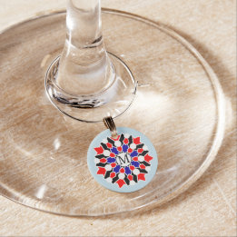 Geometric Floral Name Initial Blue Wine Charms