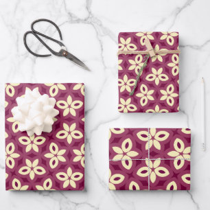 Geometric Floral Pattern in Burgundy  and Cream Wrapping Paper Sheet