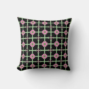 Geometric Floral Pattern Pink Green and Black Cushion
