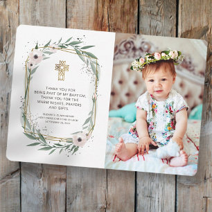 Geometric Floral Photo Cross Baptism Thank You Card