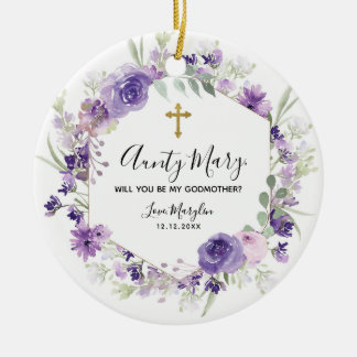 Geometric Floral Purple Will you be Godmother Ceramic Tree Decoration