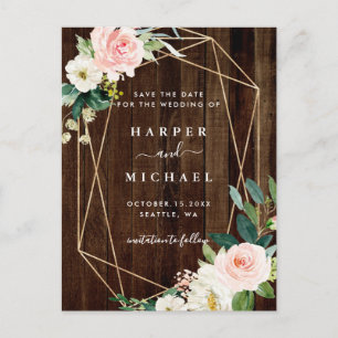 Geometric Floral Rustic Wood Photo Save the Date Postcard
