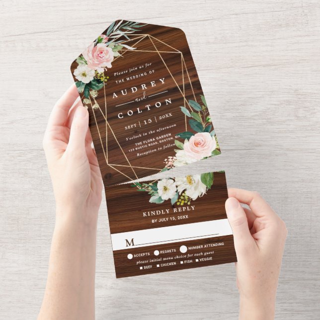 Geometric Floral Rustic Wood Wedding All In One Invitation (Tearaway)