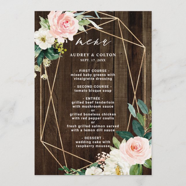 Geometric Floral Rustic Wood Wedding Menu (Front)