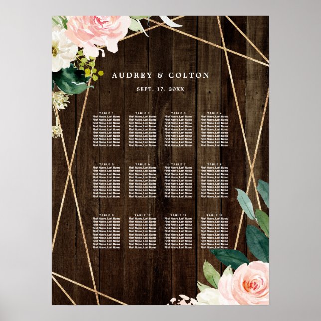 Geometric Floral Rustic Wood Wedding Seating Chart (Front)