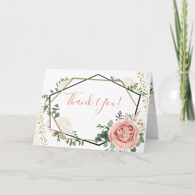 Geometric Floral Thank You Card in Gold and Pink (Front)