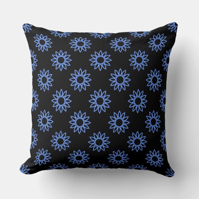 Geometric Flower 01 - Baby Blue on Black Cushion (Front)