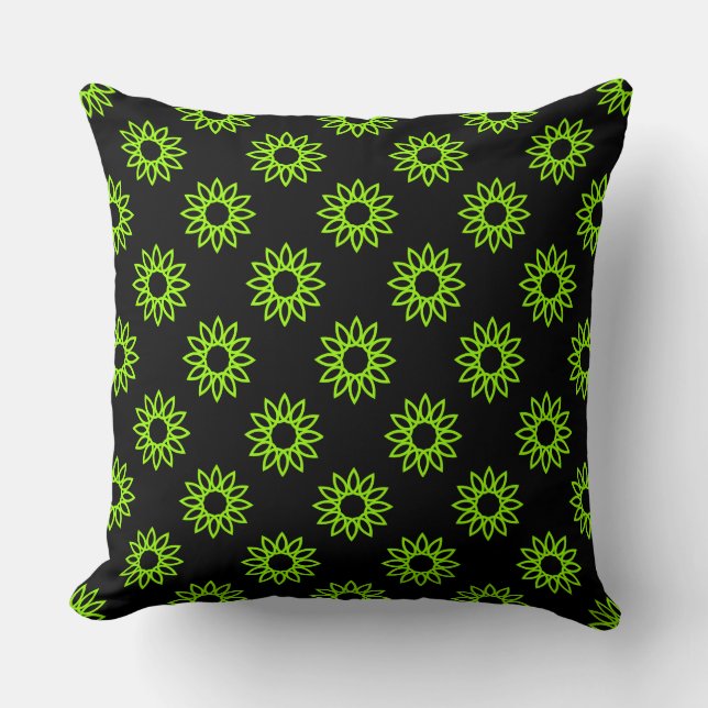 Geometric Flower 01 - Chartreuse on Black Cushion (Front)
