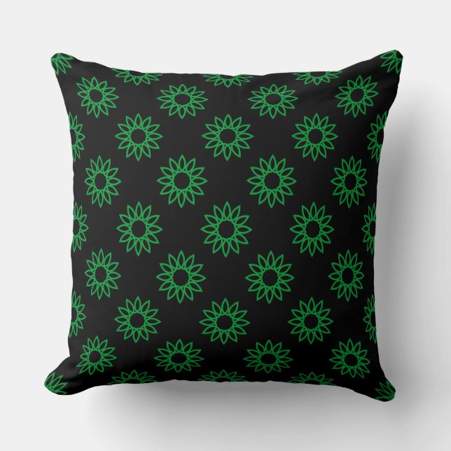 Geometric Flower 01 - Grass Green on Black Cushion (Front)