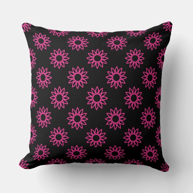 Geometric Flower 01 - Hot Pink on Black Cushion (Front)