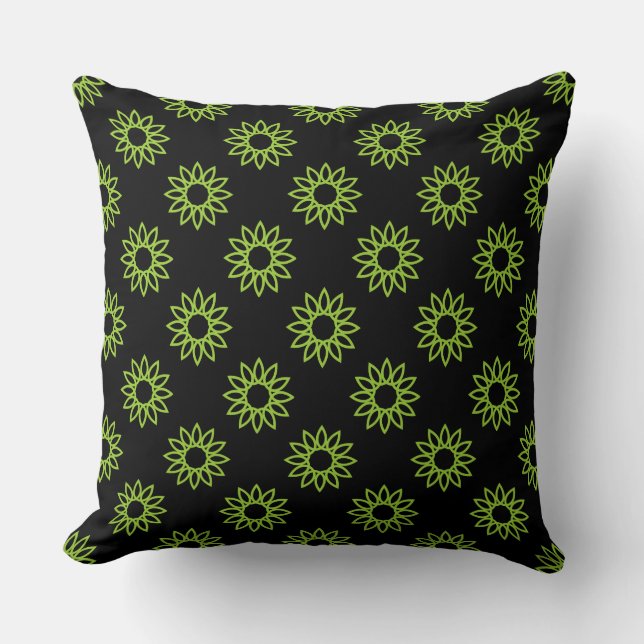 Geometric Flower 01 - Martian Green on Black Cushion (Front)