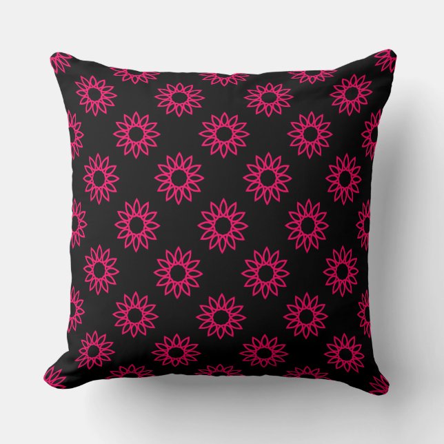 Geometric Flower 01 - Neon Red on Black Cushion (Front)